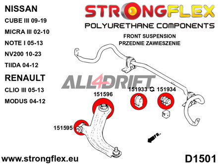 156081B: Front suspension bush kit - Nissan III (02-10) K12 156081B: Front suspension bush kit - Nissan III (02-10) K12